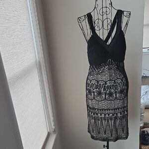 Sue Wong Black Floral Lace Mini Dress